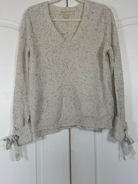 Michael Kors Donegal Speckled Knit V-Neck Sweater Tie Cuff Detail Ivory Small